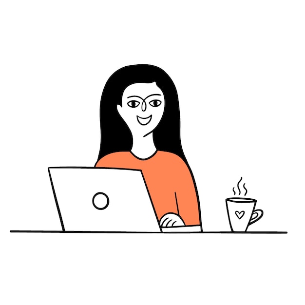 A personagem da menina feliz trabalha no computador.