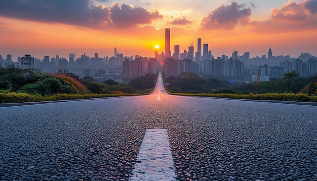 A perspectiva da estrada contra o fundo do pôr-do-sol e da paisagem urbana