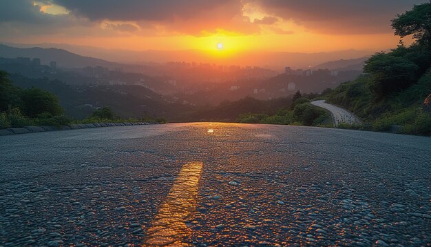 A perspectiva da estrada contra o fundo do pôr-do-sol e da paisagem urbana