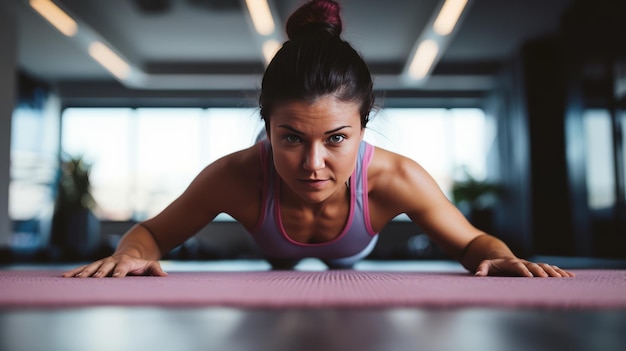 A perspetiva de uma mulher anónima sobre os push-ups durante o ioga ou o treino de ginástica 169 A