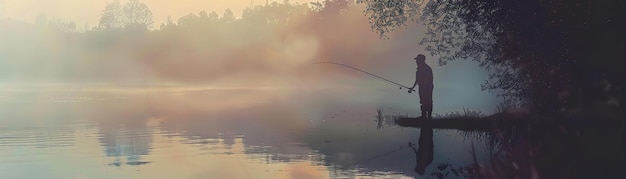 A pesca ao amanhecer abraçando a pacífica solidão ao lado do lago