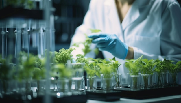 A pesquisa científica se entrelaça com a natureza enquanto os cientistas estudam plantas verdes no laboratório