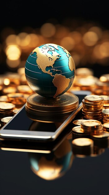 A pilha de moedas de ouro do smartphone e o globo terrestre simbolizam oportunidades de negócios globais Vertical Mobile