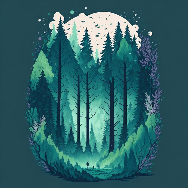 a_pine_forest_landscape_magic_tshirt_design_vibrant_pa