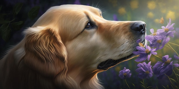 A pintura de um cachorro está olhando para a flor no campo generativo ai