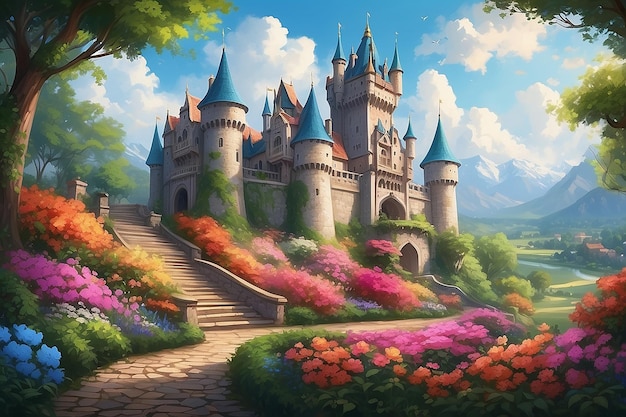 A pintura digital do majestoso castelo cercada por flores coloridas