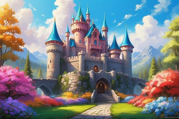 Foto a pintura digital do majestoso castelo cercada por flores coloridas