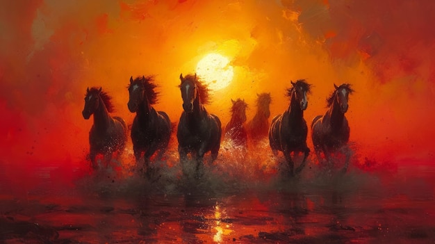 Foto a pintura dos sete cavalos ao nascer do sol de acordo com o vastu shastra