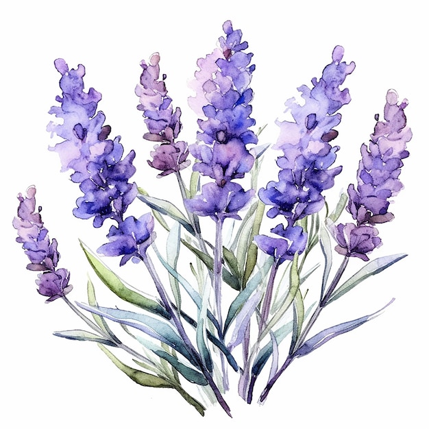 A pintura em aquarela de flor de lavanda em estilo aquarela.