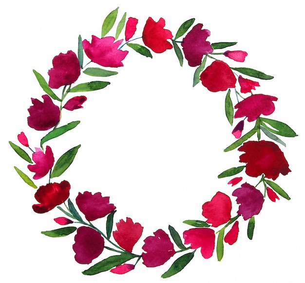 A pintura projetada da aguarela de flores violetas roxas cor-de-rosa vermelhas circunda a grinalda com folhas verdes e copia o espaço no fundo branco. Os itens foram isolados e o caminho cortado.