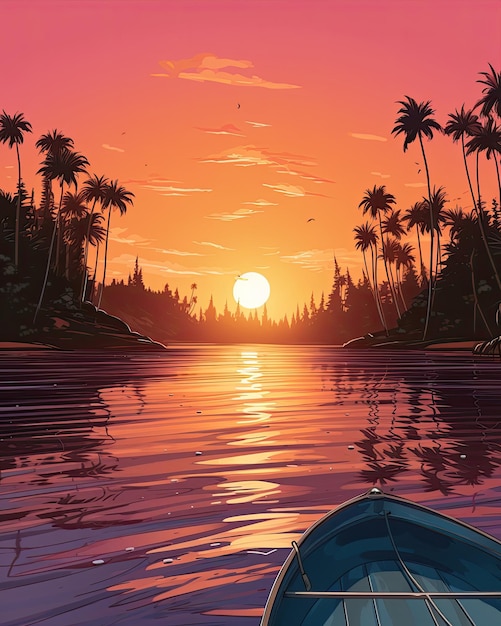 A pintura retrata um pôr do sol com palmeiras e um barco Generative AI