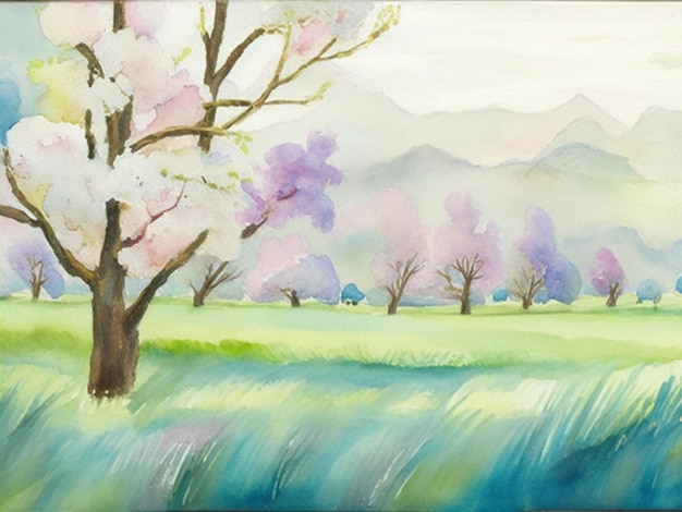 A pintura retrata uma paisagem de primavera com árvores florescendo em um prado usando aquarelas