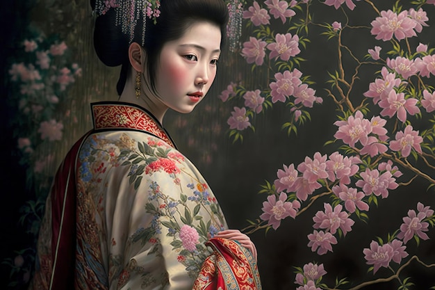 A pintura tradicional japonesa Feng usa muitas flores, bordados de Suzhou e bordados de brocado
