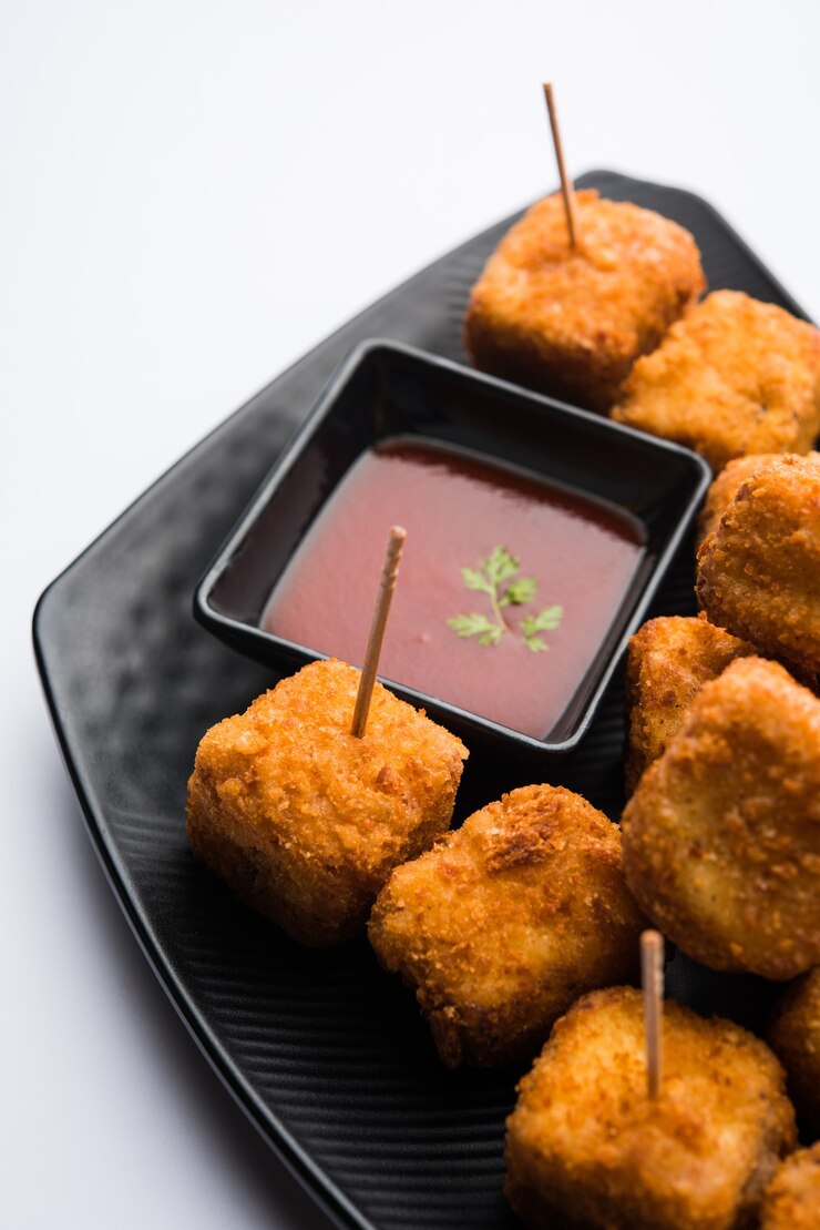 Foto a pipoca crispy paneer é um lanche de festa popular e um aperitivo. foco seletivo