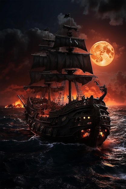 Foto a pirate ship in the ocean with a full moon in the background