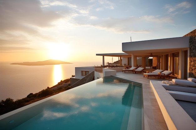 A piscina de borda infinita da villa na ilha de mykonos