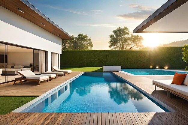 Foto a piscina e a área da piscina desta casa são projetadas por pessoa.