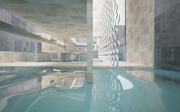 A piscina é cercada por uma parede de vidro e a parede é de vidro.