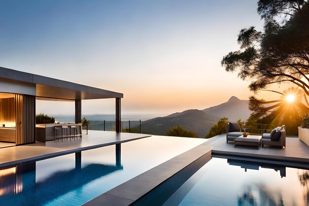 Foto a piscina e o terraço da moradia foram desenhados por arquitecto.