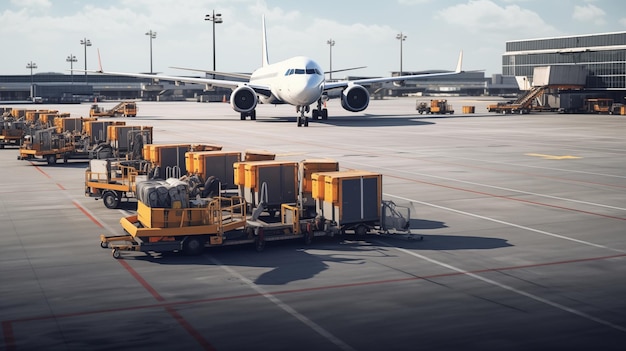 A pista do aeroporto está cheia de aviões estacionados e carrinhos de bagagem.