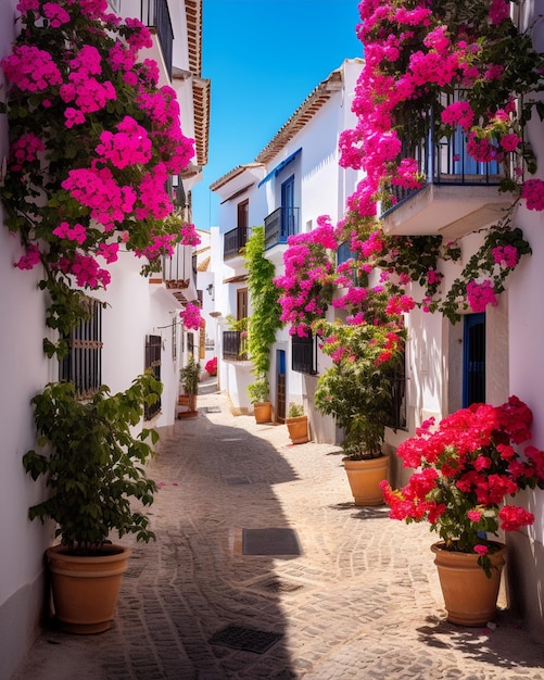 A pitoresca rua da aldeia com muitas flores em vaso