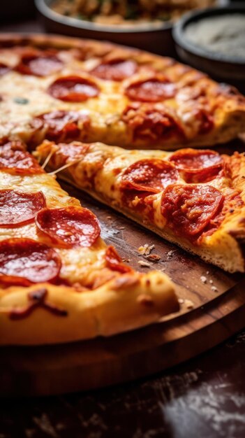 A pizza de pepperoni está sobre uma tábua de corte de madeira