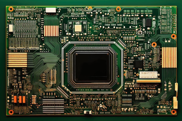 A placa de circuito impresso de uma placa-mãe de computador moderno para equipamentos e sistemas eletrônicos