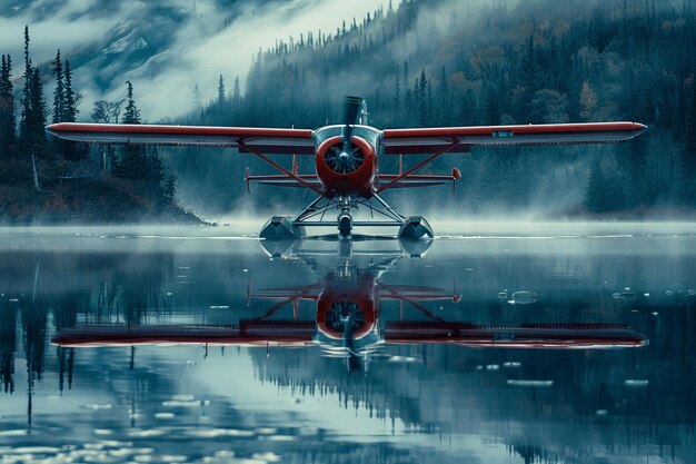 Foto a plane is parked in the water with mountains in the background