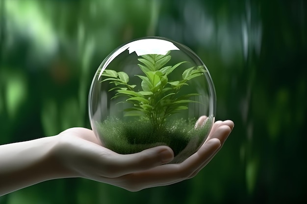 A planta na bola de vidro na mão mantém o conceito de ambiente generativo ai gerado