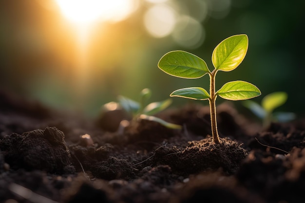 A planta verde brota no solo, simbolizando o crescimento e a vida Generative AI