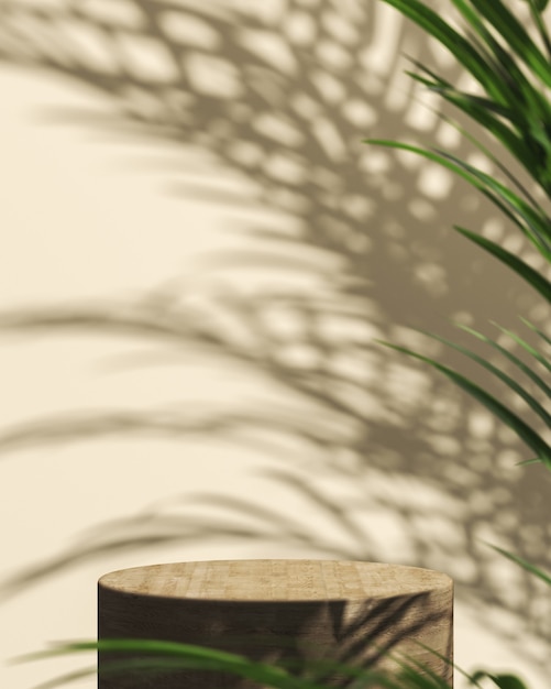A plataforma cilíndrica de madeira sobre fundo bege, primeiro plano de plantas tropicais de borrão e sombra no fundo, abstrato para apresentação do produto. Renderização 3d