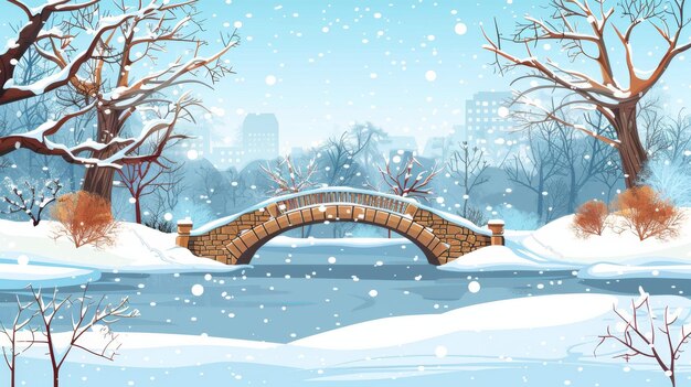 Foto a ponte de pedra sobre o rio ou lago é ofuscada por árvores nevadas e o chão é coberto por neve que cai. o lago congelado e a floresta são retratados em um desenho animado.