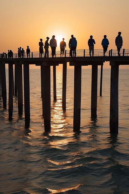 Foto a ponte de teca de ubein é o pôr-do-sol mais longo com silhuetas de pessoas irreconhecíveis.