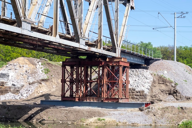 A ponte ferroviária explodida sobre a guerra do rio irpen na ucrânia panorama a cidade de irpin