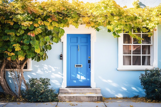 A porta da frente azul de uma casa de estilo tradicional Uma entrada da frente de uma casa com uma porta azul