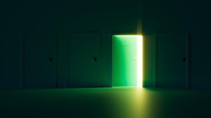 A porta escolhida se abriu E havia luz saindo daquela sala Cena 3D