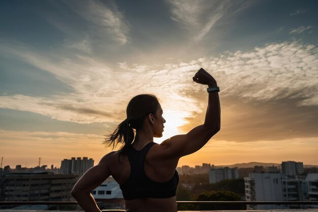 Foto a postura de poder da atleta feminina ao pôr-do-sol