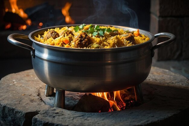 Foto a pot of biriyani cooking on a stone stove