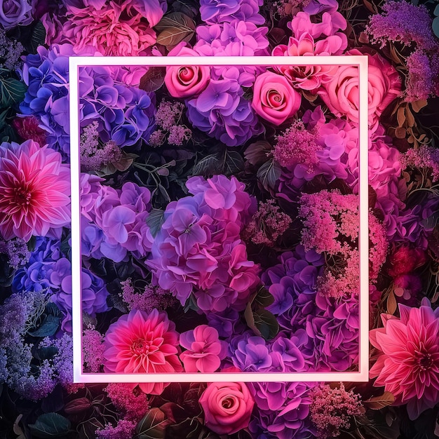 A praça de néon ilumina um bouquet vibrante de rosas destacando a beleza da natureza em meio à escuridão