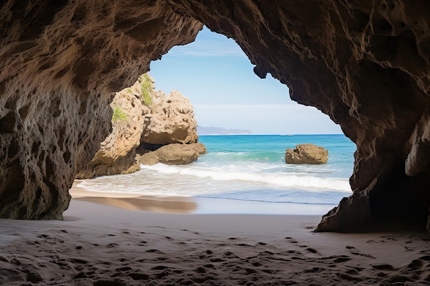 A praia a partir do interior de uma grande caverna de rocha