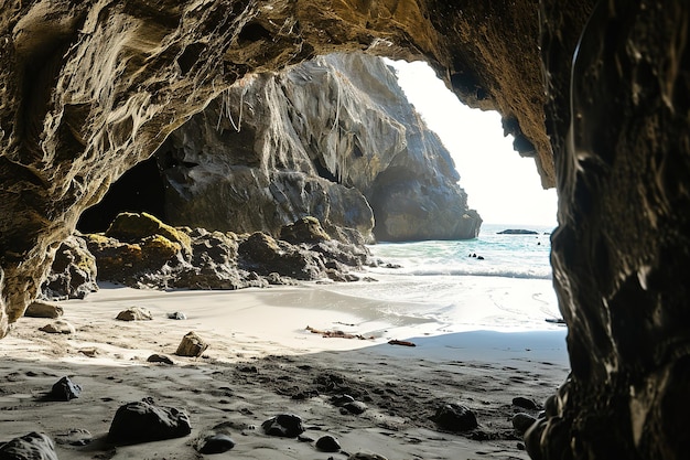 Foto a praia a partir do interior de uma grande caverna de rocha