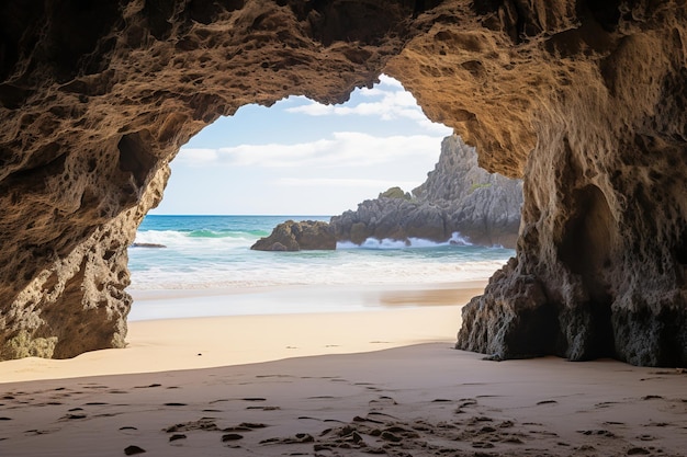 A praia a partir do interior de uma grande caverna de rocha