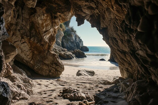 Foto a praia a partir do interior de uma grande caverna de rocha