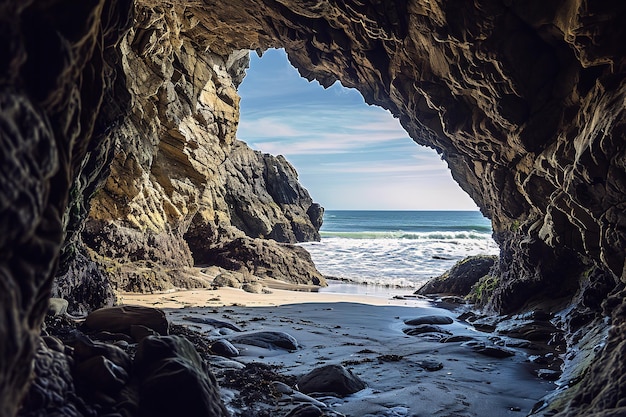 A praia a partir do interior de uma grande caverna de rocha