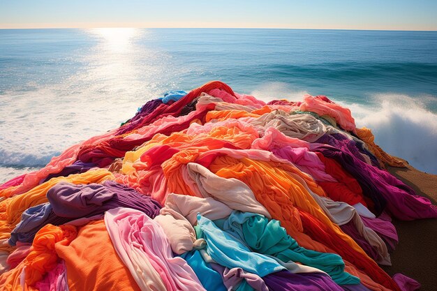 A praia coberta de toalhas de praia coloridas