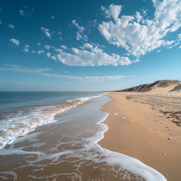 A praia de areia estende-se à distância sob um céu azul cheio de nuvens brancas.
