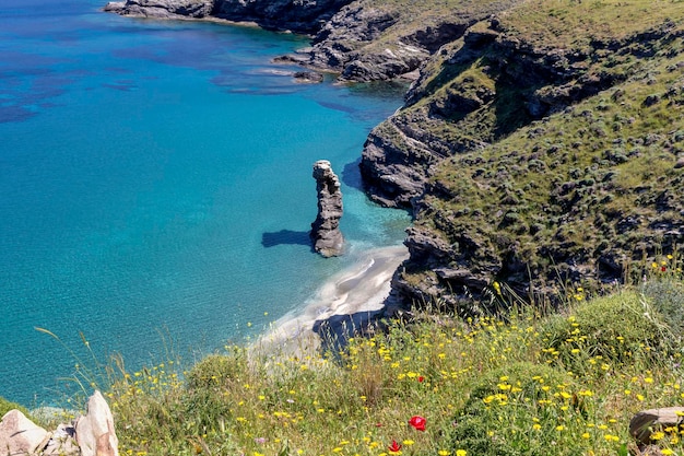 A praia de Grias para Pidima Praia famosa com ilha de pedra incomum Andros Cyclades Grécia