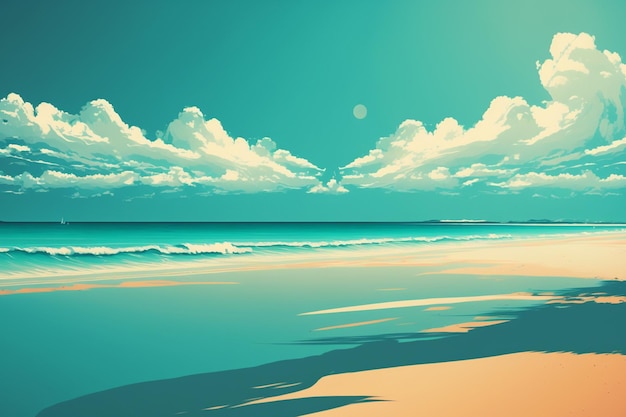 A praia é uma pintura de uma praia com céu azul e nuvens.