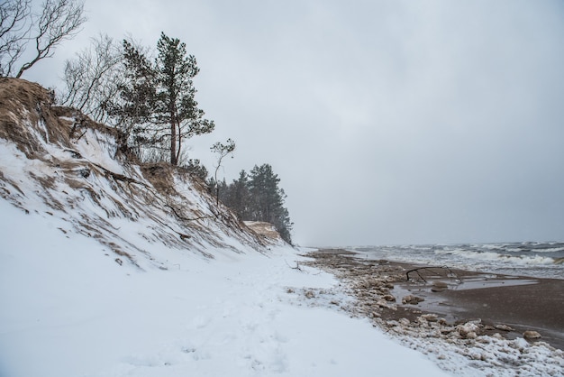 A praia selvagem do Mar Báltico tem neve no inverno e há ondas grandes