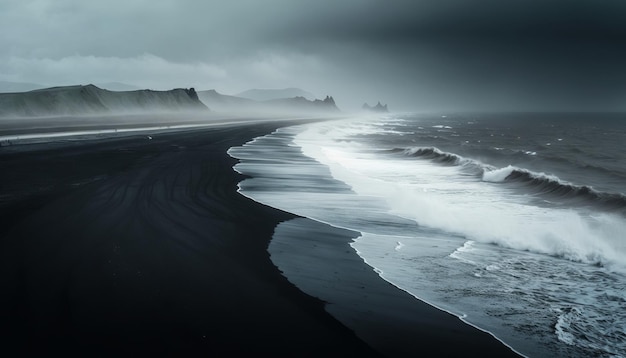 A praia tem areia preta perto da água e ondas vindo de